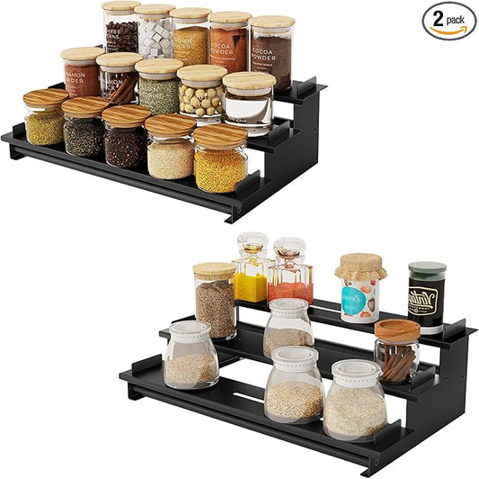 2 Pack Spice Rack Organizer for Cabinet, 3 Tier Seasoning Organizer, Metal Step Shelf Countertop Spice Racks for Inside Cabinets, Kitchen, Black