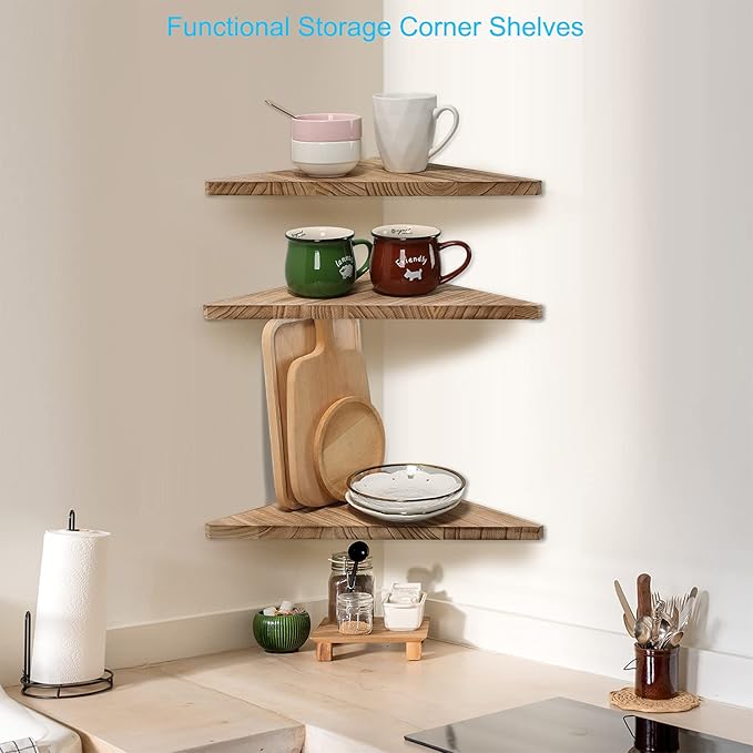 Joiishom Corner Wall Shelf Set of 3, Floating Corner Shelves, Rustic Wood Wall Storage Display Shelves for Living Room, Bedroom, Bathroom, Kitchen (Carbonized Wood)-NeatNest
