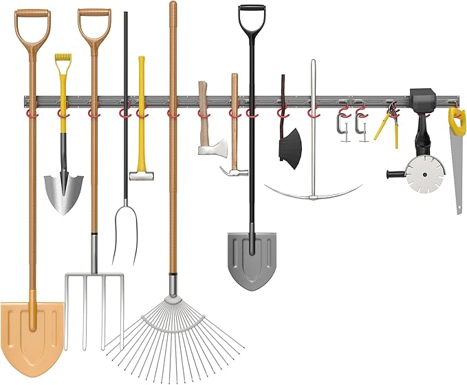 TORACK Metal Wall-Mounted Garden Tool Organizer for Garage, Mop and Broom Holder, Yard Tool Storage Rack for Rakes, Shovels, Mops, Brooms (4 Rails, 16 Hooks)-NeatNest
