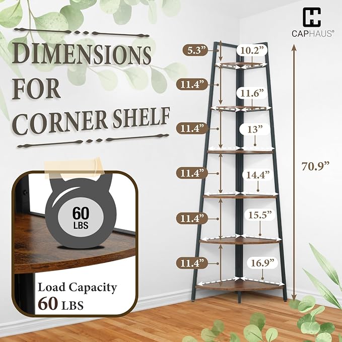 CAPHAUS Tall Corner Shelf Stand, 6-Tier Display Shelves, Ladder Corner Wood Storage Plant Bookshelf with Metal Frame, Versatile Shelving Unit Bookcase for Home Office Space, Rustic Oak-NeatNest