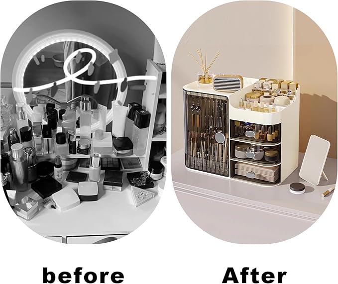 DASITON Makeup Organizer for Vanity,Large Capacity Makeup Storage Organizer with 3-Layer Drawers and Mirror,Cosmetics Display Case Make up Organizers for Vanity,Bedroom,Countertop(Black-Cream)