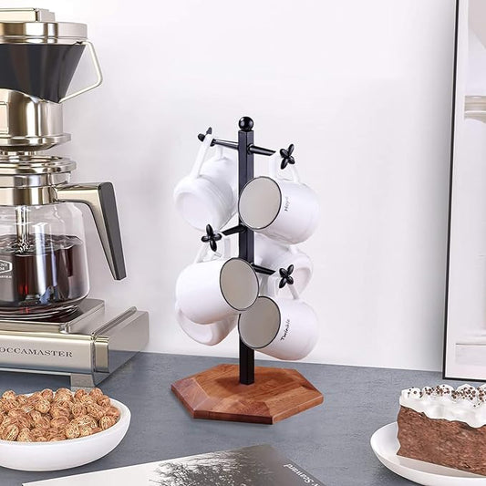 Coffee Mug Holder, Mug Tree for Counter, Cup Holder with 6 Floral Hooks, Wooden Mug Rack, Mug Stand for Counter, Coffee Bar Station Organizer, Black-NeatNest