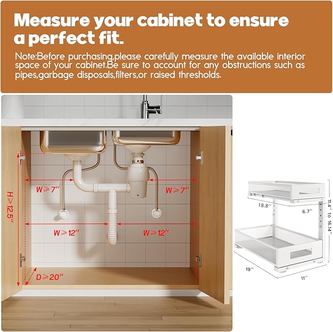 2 Pack 19IN Depth Under Sink Storage Organizer, Large 2-Tier Elegant Mesh Pull Out Shelf for Kitchen and Bathroom Cabinet Organization, L-Shaped and Adjustable Height Design-White-NeatNest