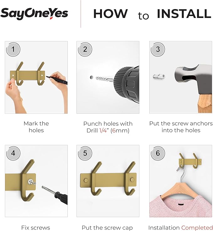 Brushed Gold Small Coat Rack Wall Mount – 6 Inch Stainless Steel Rail with 2 Double Coat Hooks for Entryway, Bathroom, Bedroom, Kitchen – Modern Gold Hook Rack for Coats, Hats, Towels-NeatNest