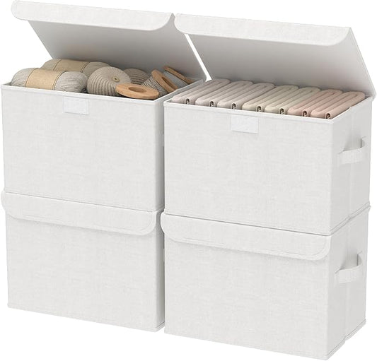 Foldable Storage Bin, Cube Organizer Basket with Flip-Top Lid and 2 Handles, Decorative Boxes for Shelves with Cover for Clothes, Towels, Blanket, 4 Pack, White, 13 x 9 x 7.9 In, XSNY12WM-4-NeatNest