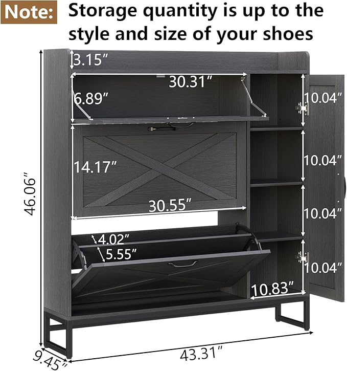 Free Standing Shoe Organizer with 2 Flip Drawers and Side Cabinet, Entryway Narrow Shoe Storage with Door for Hallway and Living Room (Black Plus)-NeatNest