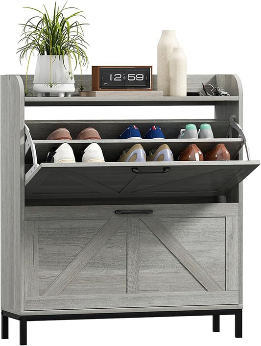 HOMCOM Shoe Storage Cabinet with 2 Flip Drawers, Legs, Farmhouse Freestanding Narrow Shoe Cabinet, Slim Hidden Rack Organizer for Entryway, Hallway, Light Gray Wood Grain-NeatNest