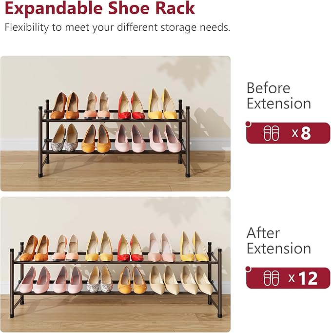Tajsoon 2 Tier Expandable Shoe Rack for Closet, 28“-41“Adjustable & Stackable Shoe Shelf Storage, Metal Shoe Rack Organizer for Front Door Entrance, Closet, Garage, Entryway, Bronze-NeatNest