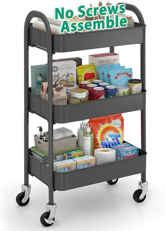 Sekey 3 Tier Rolling Cart Metal, NO Screws Assemble Utility Cart on Wheels, Heavy Duty Storage Cart with Lockable Wheels for Baby Nursery, Bathroom, Kitchen, Laundry Room, Gray