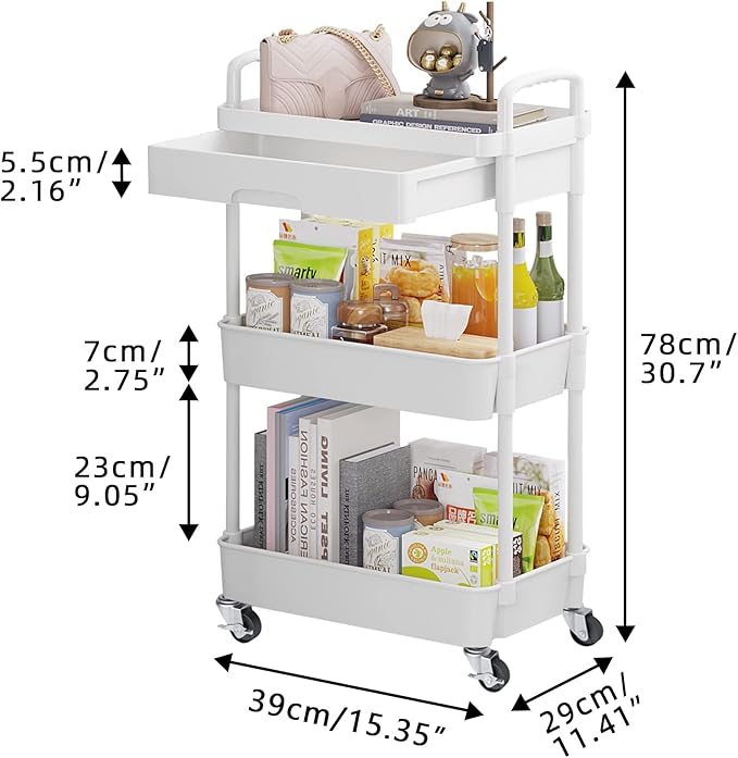Calmootey 3-Tier Rolling Utility Cart with Drawer,Multifunctional Storage Organizer with Plastic Shelf & Metal Wheels,Storage Cart for Kitchen,Bathroom,Living Room,Office,White-NeatNest
