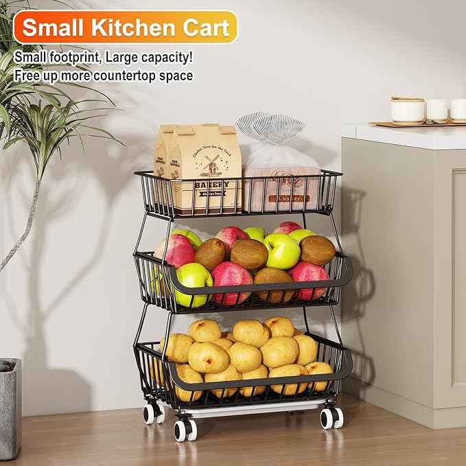 3-Tier Rolling Pantry Cart with Wheels, Stackable Wire Storage Floor Organizer for Kitchen Pantry Snack Shelves, Fruit Basket Stand, Vegetable Storage Rack for Snacks Fruits Onion Potato