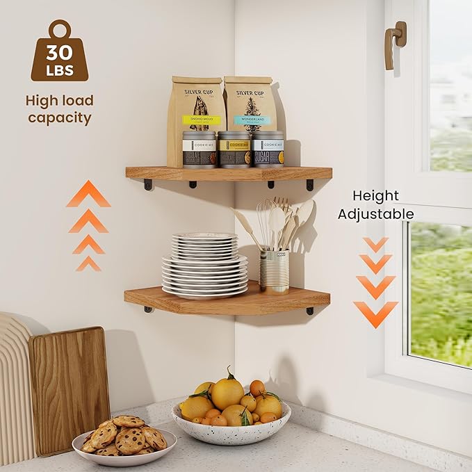 Fun Memories Corner Shelf Wall Mount, Solid Oak Wood Floating Corner Shelves with Cable Hole, 10in Rustic Design for Bedroom, Bathroom, Kitchen, Living Room (Natural, 1 Pack)-NeatNest