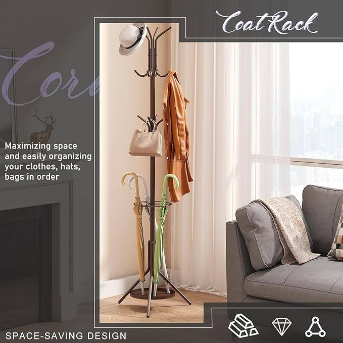 Coat Rack Freestanding,Entryway Hanger Stand,Umbrella Holder,Hall Tree With 12 Hooks, Floor Standing Metal Tree Stand,brown-NeatNest