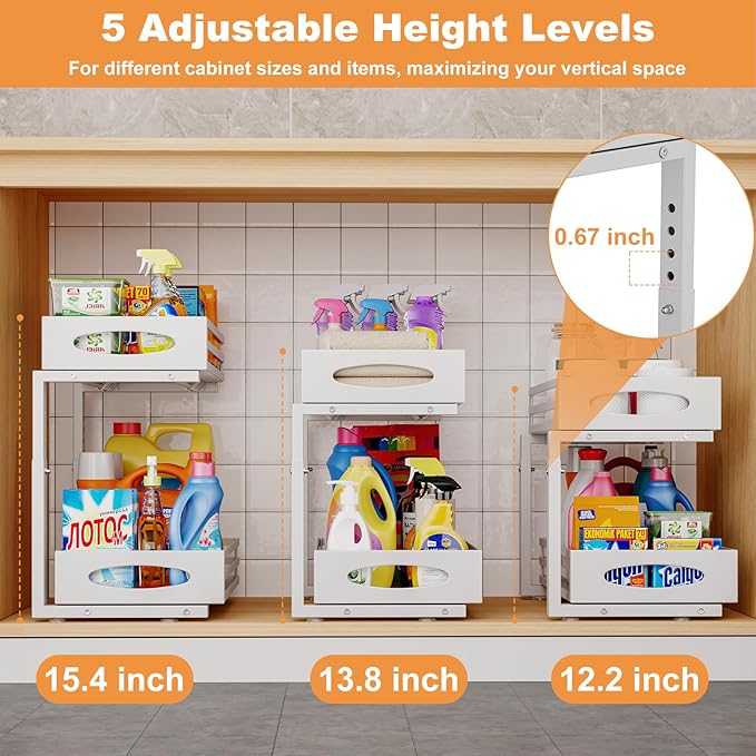 Under Sink Organizer, 2 Tier Under Sink Organizers and Storage, Adjustable Height, Slide out Metal Cabinet Organizers, Pull out Cabinet Storage Drawer Shelf for Kitchen Bathroom White, 2 Pack-NeatNest