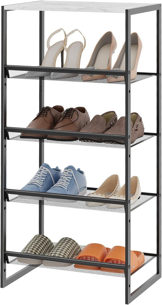 Garden 4 you 5 Tiers Narrow Shoe Rack,Small Space Freestanding Shoe Storage Organizer with White Wooden Tabletop,Adjustable Metal Shelf Stackable Shoe Shelf for Entryway Hallway Living Room Closet-NeatNest