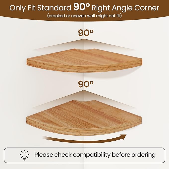 Fun Memories Corner Shelf Wall Mount, Solid Oak Wood Floating Corner Shelves with Cable Hole, 7in Rustic Design for Bedroom, Bathroom, Kitchen, Living Room (Natural, 1 Pack)-NeatNest