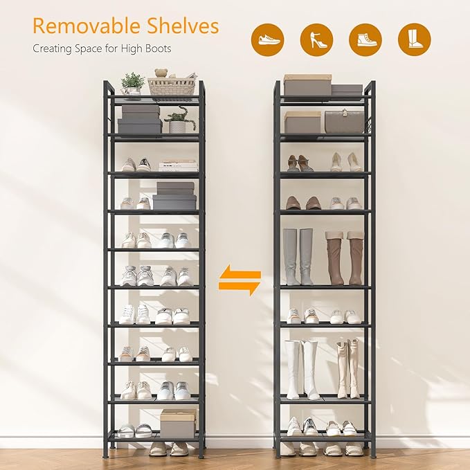 usikey 10 Tiers Narrow Shoe Rack 20-30 Pairs, Sturdy Metal Tall Shoe Rack Shelf with 4 Hooks, Slim Shoe Storage with Metal Shelf, Space Saving Vertical Shoe Organizer for Entryway, Closets, Black