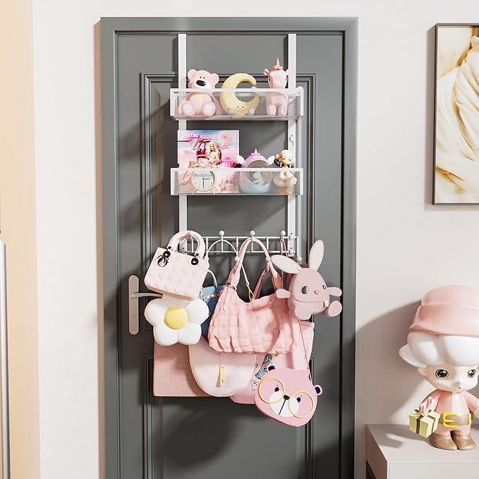 HapiRm Over The Door Organizer with Coat Hooks and 2 Baskets, Stainless Steel Rustproof Over The Door Hanger Hooks for Bathroom, Kitchen, Bedroom-White (for 1.76in Doors)