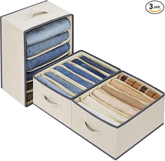 3 Pcs Large Size Wardrobe Clothes Organizers 6 Grids for Pants, Jeans, Sweater, T-shirt, Thin Coat, Dress Stackable Closet Drawer Organizer Storage Bin Container with Sturdy Handles, Beige-NeatNest