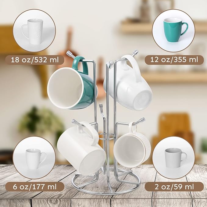 HULISEN Coffee Mug Holder for Countetop, Cup Tree for Counter Large Mugs with 6 Hooks, Metal Cup Holder Stand, Standing Rack Display for Coffee Bar, Silver-NeatNest