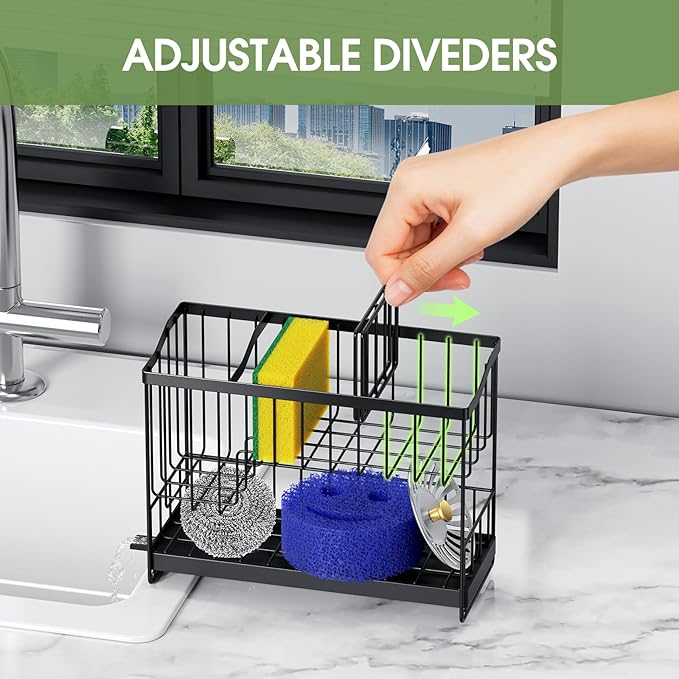 2 Tier Sponge Holder for Kitchen Sink Caddy with High Brush Holder, Kitchen Countertop Organizer and Storage Essential, Soap Dispenser Organize with Drain Tray-NeatNest