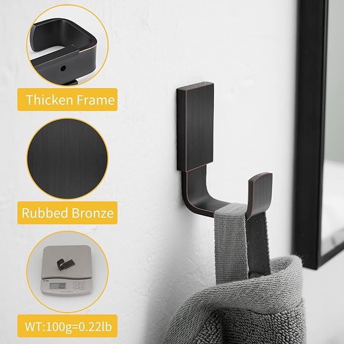 BESy Brass Clothes Hook Single Towel Hook for Bathroom Kitchen Garage Square Style Robe Hooks Coat and Hat Hook, Self Adhesive with Glue or Wall Mounted with Screws, Two Packs, Oil Rubbed Bronze-NeatNest