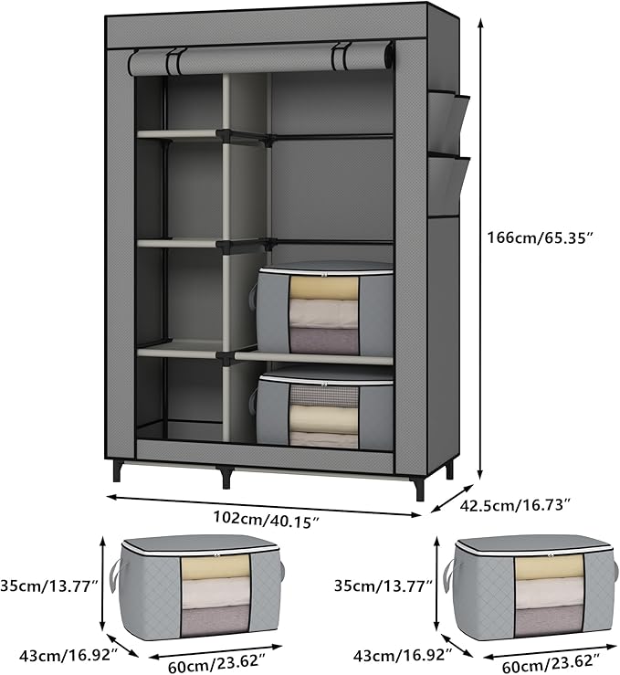 Calmootey Portable Closet, Wardrobe with 6 Shelves and Hanging Rod, Storage Organizer for Bedroom, Non-Woven Fabric Cover with 4 Side Pockets, Includes 2 Storage Bags for Clothes, Grey-NeatNest