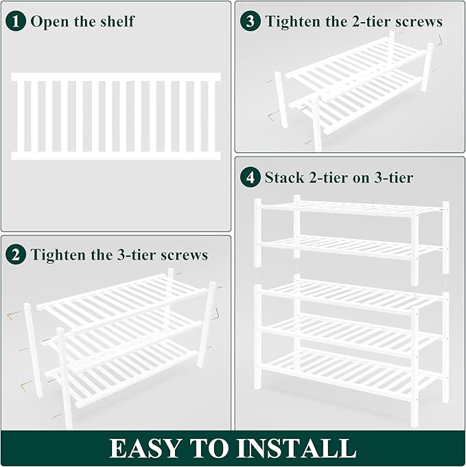 Smiry Bamboo Shoe Rack for Closet, 5 Tier Wooden Stackable Shoe Organizer, Free Standing Shoes Storage Shelf for Entryway, Front Door Entrance, White-NeatNest