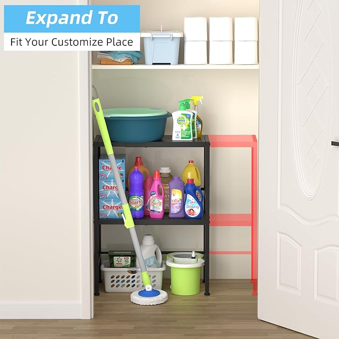 2-Tier Expandable Metal Storage Shelves, 150LBS Heavy Duty Shelving Units and Storage,Adjustable Utility Organization and Storage Shelf Rack For Kitchen Garage Laundry Bathroom Pantry Warehouse-NeatNest