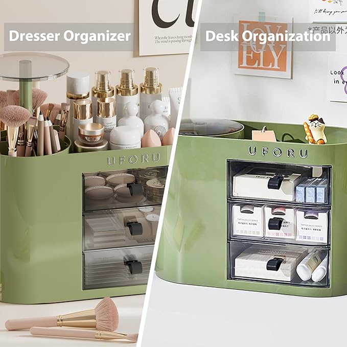Makeup Organizer with Drawers for Vanity, 4 Slot Brush Holder with One Touch Open,Spacious Cosmetic Storage for Dresser Vanity and Bathroom Countertop, Beauty Holder for Lipstick Skincare(Green)-NeatNest