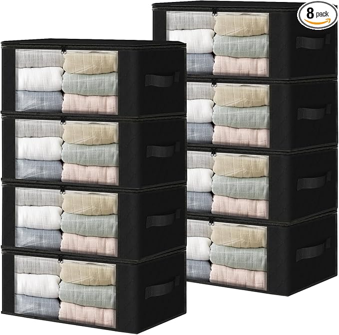 HomeHacks Storage 8-Pack Clothes Organizer Storage Bags Foldable Storage Box with Large Clear Window Sturdy Handles for Closet, Dorm, Pillows, Bedding, Clothes, Blankets, 35L, Black-NeatNest