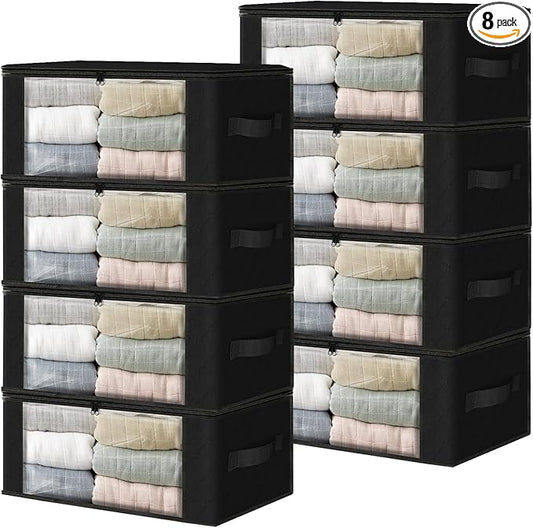 HomeHacks Storage 8-Pack Clothes Organizer Storage Bags Foldable Storage Box with Large Clear Window Sturdy Handles for Closet, Dorm, Pillows, Bedding, Clothes, Blankets, 35L, Black-NeatNest