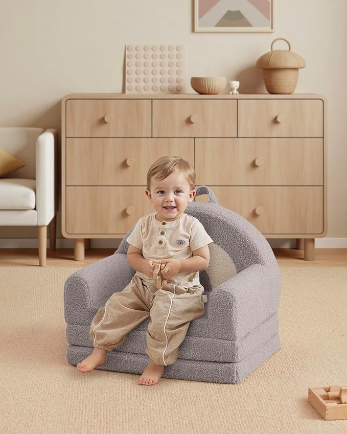 Blissful Diary Foldable Toddler Couch, 2-in-1 Comfy Toddler Chair & Lounger for Reading, Nap, Playroom, Kids Couch Sofa for 1 2 3+ Year Old Girls Boys Birthday Gift, Light Gray Arclet-NeatNest