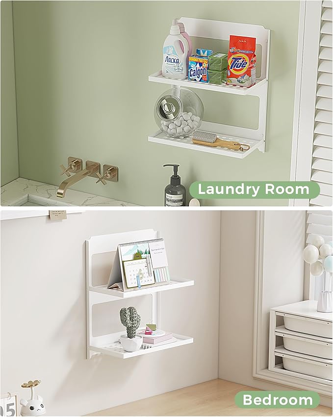 2-Tier Folding Metal Wall Shelf | Wall Mounted Stackable Floating Shelves | Fold Up 90° | Save Space | 13.4 Inch Wide | 2 Levels of Shelves for Laundry Room Bathroom Rv Utility Indoor (White)