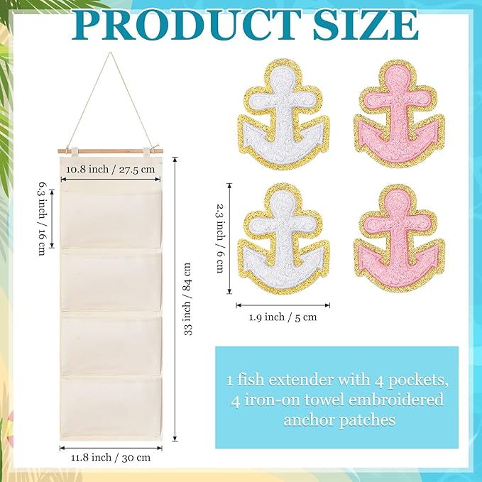 Fish Extender Cruise Gift Hanging Organizer with 4 Pockets and 4 Pcs Iron on Anchor Patches Cabin Door Hanger Storage Bag 2025 FE for Exchange Gifts and Pixie Dusting(Beige, Pink, White)-NeatNest