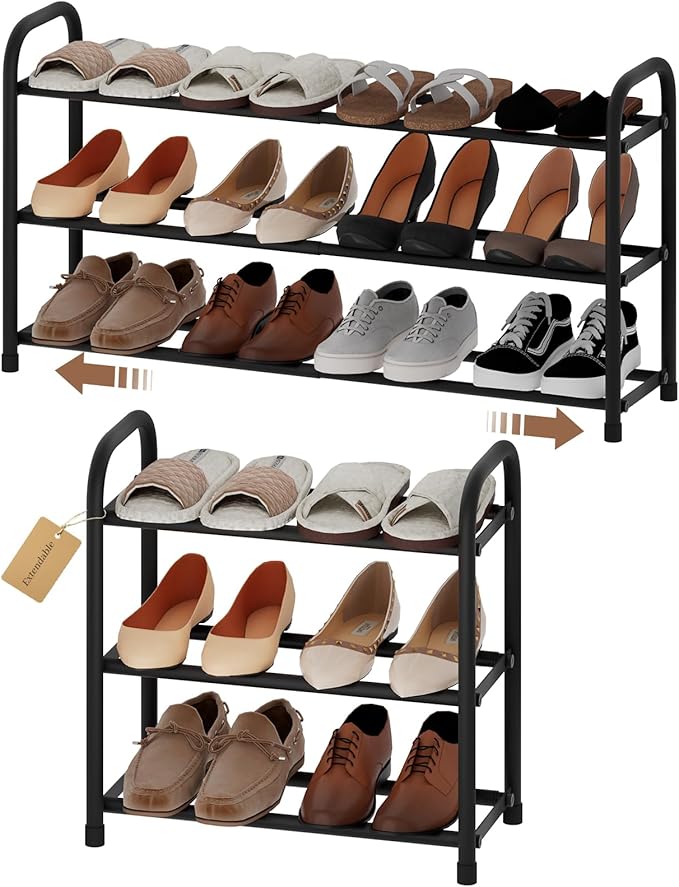 Expandable Shoe Rack, Adjustable Shoes Organizer Metal, Space-Saving Storage Shelf for Closet, Entryway, Front Door & Hallway,Sturdy and Easy Assembly (Black, 3-Tier)