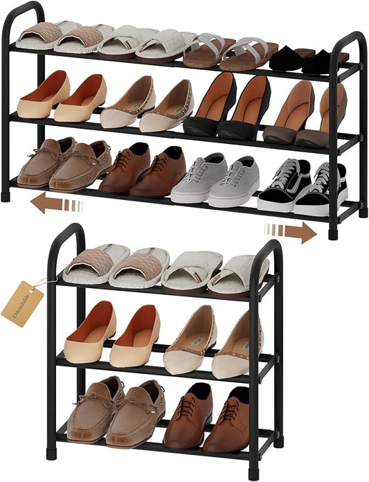 Expandable Shoe Rack, Adjustable Shoes Organizer Metal, Space-Saving Storage Shelf for Closet, Entryway, Front Door & Hallway,Sturdy and Easy Assembly (Black, 3-Tier)