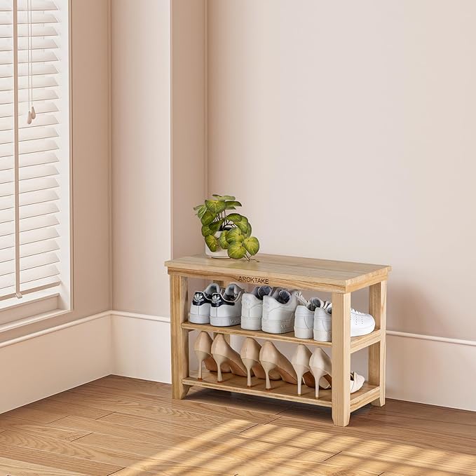 Small Shoe Rack Bench, Wooden Shoe entryway Bench, Shoe Organizer for Hallway, Living Room(Natural, 23.62”)-NeatNest