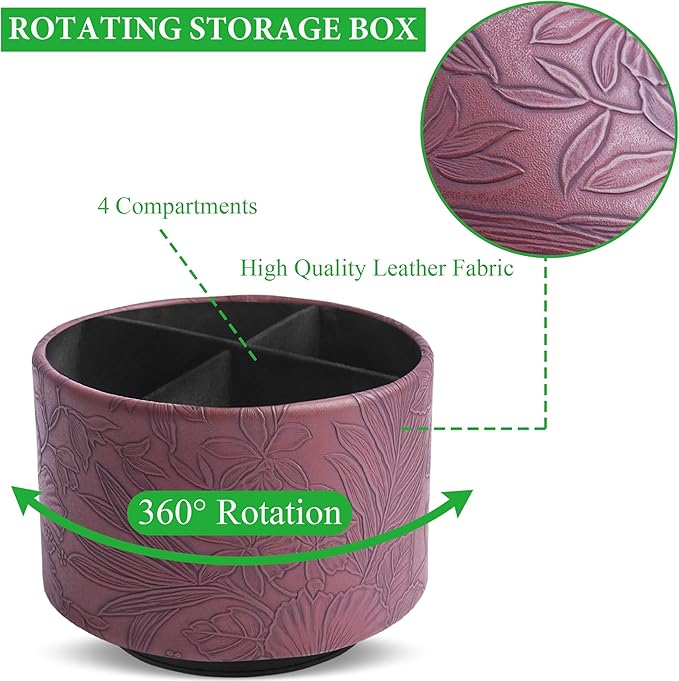 Hennaja Round Leather Art Supply Organizer,Remote Control Holder,360 Degree Spinning,Multi-Functional Pencil Holder,4 Compartments Desktop Stationary Organizer(1-Carved Dark Brown)-NeatNest