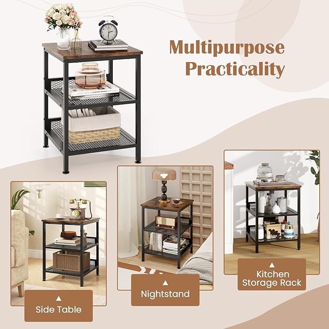Giantex 3-Tier End Table, Industrial Telephone Table with 2 Mesh Storage Shelves, Metal Frame, 16 Inch Square Sofa Side Table Nightstand for Living Room, Bedroom, Small Space, Rustic Brown