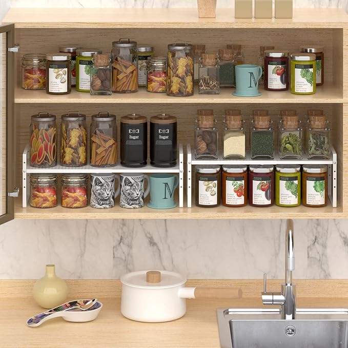 Expandable Counter Shelf, Adjustable Height Spice Rack Metal Mesh Board Shelf Organization for Kitchen Pantry Bathroom Office -White-NeatNest