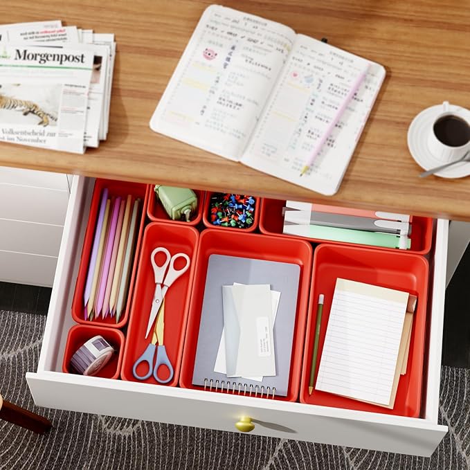 45 Pack Desk Drawer Organizer Tray, 3 Sizes Plastic Drawers Organizer Storage for Kitchen, Bathroom, Office, Vanity, Makeup, Utensils, Junk Drawer Organizer Bins, Gadget Trays for Organizing, Red-NeatNest