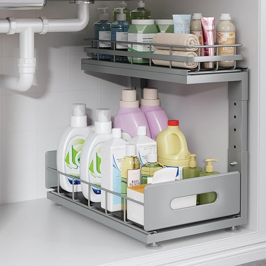 1 Pack Under Sink Organizer Upgrade to Professional Rails,2-Tier Dual Pull Out Cabinet Storage,Height Adjustable Slide Out Drawers for Bathroom Kitchen,Under Sink Shelf-Gun Gray-NeatNest