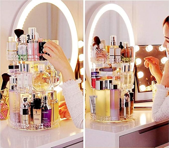 ZHIAI 360 Rotating Makeup Organizer, Large Capacity Cosmetics Organizer for Perfume Holder Organizer Countertop, DIY Adjustable Bathroom Makeup Carousel Holder Rack, Clear Diamond-NeatNest