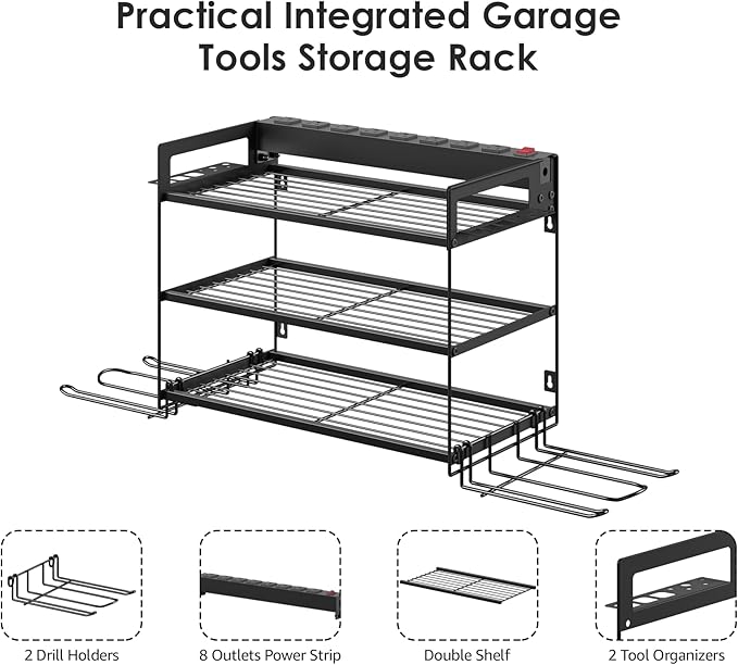 CCCEI Garage Tools Storage with Charging Station. Power Tool Battery Organizer Utility Shelf with Power Strip. 4 Drills Holder Wall Mount Rack, Black 3 Layer.-NeatNest