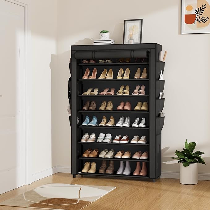 Shoe Rack with Cover, 8 Tier Tall Shoe Organizer Storage for 36-45 Pair Shoes and Boots Large Shoe Storage Shelf Free Standing Shoe Rack for Closet, Front Door Entrance, Dorm, Garage-NeatNest