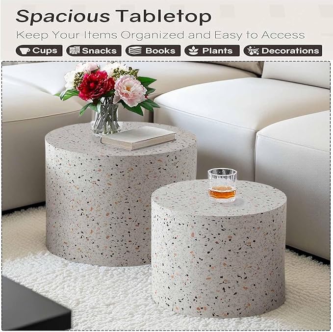 Modern Round Nesting Coffee Table Set of 2, Vertical Stripe Design Drum Coffee Table Cocktail Table, Round Side Table for Living Room, Bedroom, Office, Balcony (H14.6+18.1")