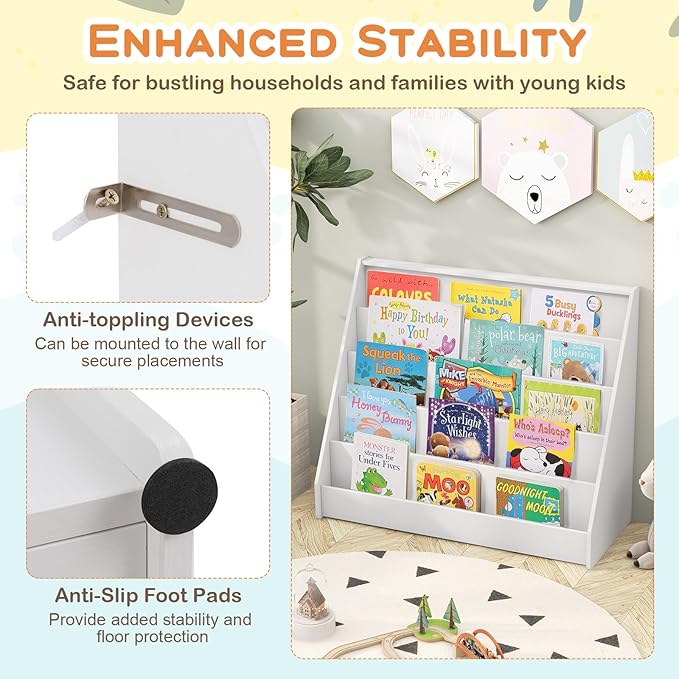 Costzon 5-Tier Kids Bookshelf, Wooden Children Bookcase, Toddler Book Rack, Magazine Storage & Display Shelf, Book Shelf for Kids Room, Living Room, Nursery, Classroom (White)-NeatNest