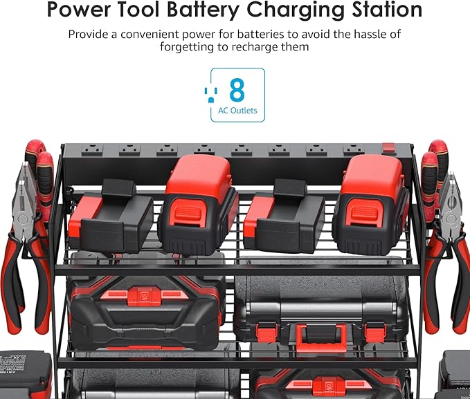 CCCEI Garage Tools Storage with Charging Station. Power Tool Battery Organizer Utility Shelf with Power Strip. 4 Drills Holder Wall Mount Rack, Black 4 Layer.-NeatNest