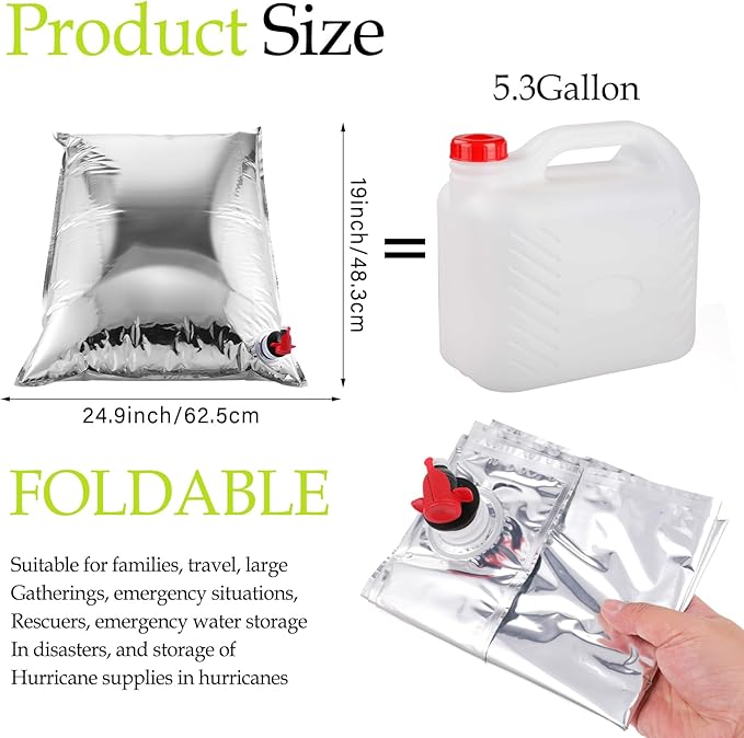 6 Pcs 32 Gallon Camping Water Storage Containers 5.3 Gallon/ 20L Water Bladders Collapsible Emergency Water jug for Camping with Spigot Aluminized for Outdoor Hiking Camping Fishing